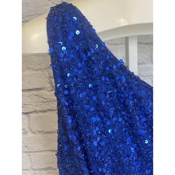 Mac Duggal Sequined Mini Dress NEW Cobalt Blue One Shoulder Fringe Hem Size 6 - Picture 5 of 13